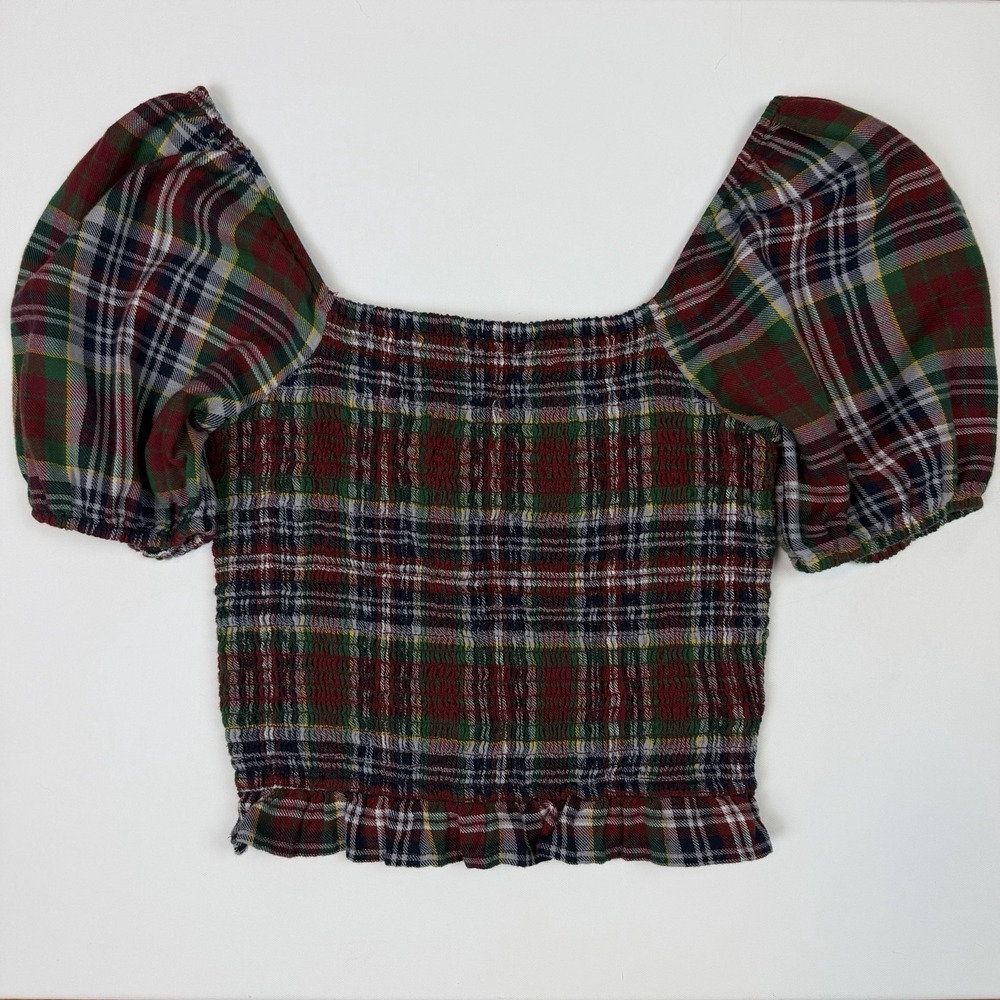 American Eagle Smocked Plaid Puff Sleeve Crop Top S/P Red Tartan Cottagecore